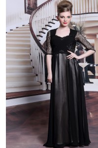 Pleated Black Half Sleeves Chiffon Zipper Prom Evening Gown for Prom and Party