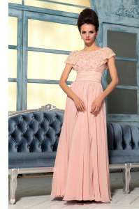 Dynamic Pink Empire Bateau Cap Sleeves Chiffon Floor Length Side Zipper Lace and Hand Made Flower Prom Dresses