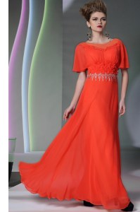 Flare Coral Red Scoop Neckline Appliques Dress for Prom Short Sleeves Side Zipper