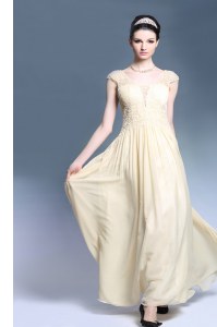 Modern Champagne Column/Sheath Chiffon V-neck Sleeveless Lace Ankle Length Zipper Prom Party Dress