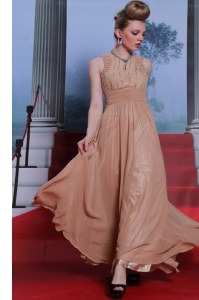 Scoop Peach Sleeveless Floor Length Beading and Sequins and Ruching Clasp Handle Prom Evening Gown
