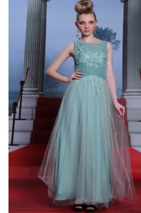 Light Blue Sleeveless Beading and Appliques and Ruching Floor Length Prom Party Dress