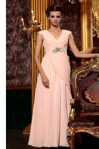 Beading and Embroidery and Ruching Cocktail Dresses Baby Pink Side Zipper Cap Sleeves Floor Length
