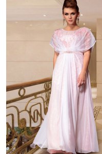 Edgy Scoop Beading Prom Party Dress Pink Side Zipper Cap Sleeves Ankle Length