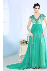 Lovely Turquoise Chiffon Side Zipper Cap Sleeves With Brush Train Beading and Lace and Ruching