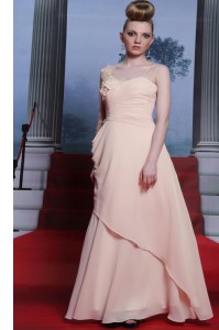 One Shoulder Floor Length Side Zipper Prom Gown Baby Pink for Prom and Party with Appliques and Ruching