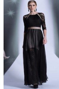 Scoop Half Sleeves Chiffon Floor Length Zipper Prom Dress in Black with Lace