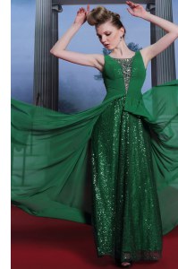 Chiffon and Sequined Scoop Sleeveless Side Zipper Beading Prom Gown in Dark Green