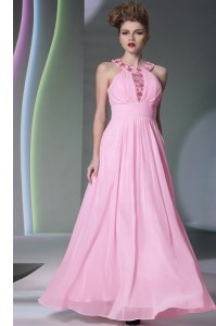Dynamic Halter Top Rose Pink Empire Beading Prom Dress Side Zipper Chiffon Sleeveless Floor Length