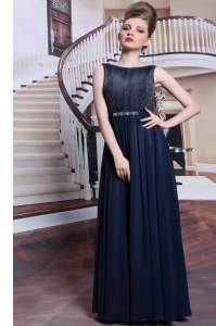 Dynamic Floor Length Zipper Prom Party Dress Navy Blue for Prom and Party with Beading and Appliques