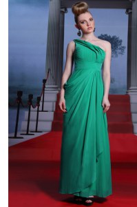 One Shoulder Floor Length Side Zipper Turquoise for Prom and Party with Beading and Ruching