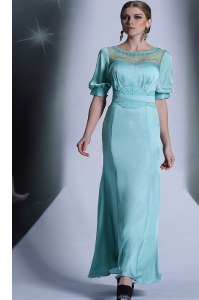 Custom Design Aqua Blue Bateau Neckline Sequins and Pleated Prom Gown Half Sleeves Zipper