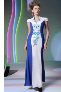 Colorful Blue And White Zipper V-neck Embroidery Evening Dress Chiffon Cap Sleeves