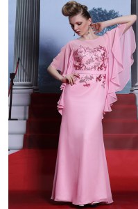 Scoop Half Sleeves Chiffon Floor Length Zipper Dress for Prom in Rose Pink with Beading