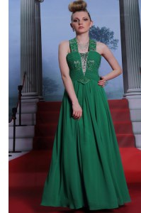 Halter Top Sleeveless Chiffon Floor Length Zipper Prom Gown in Teal with Beading and Ruching