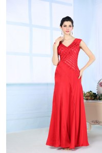 Red Junior Homecoming Dress Prom and Party and For with Beading V-neck Sleeveless Side Zipper