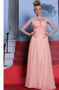 Stunning Halter Top Floor Length Empire Sleeveless Peach Dress for Prom Zipper