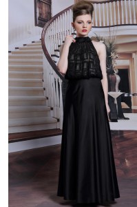 Decent Black Satin Zipper Prom Dresses Sleeveless Floor Length Beading