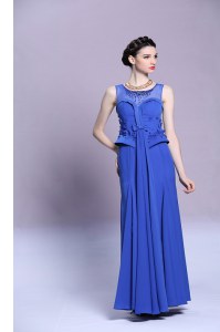 Custom Design Scoop Blue Sleeveless Floor Length Beading and Appliques Zipper Evening Dress