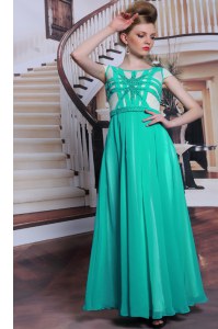 Turquoise Column/Sheath Chiffon Scoop Cap Sleeves Beading Floor Length Side Zipper Homecoming Dress