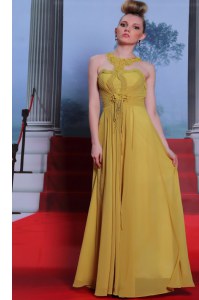 Gold Column/Sheath Scalloped Sleeveless Chiffon Floor Length Clasp Handle Appliques and Ruching Prom Dresses