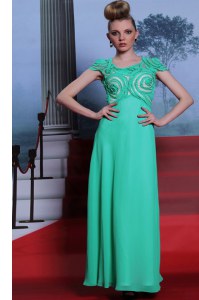 Custom Designed Scoop Floor Length Green Prom Evening Gown Chiffon Cap Sleeves Appliques