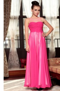 Fashion Scoop Sleeveless Homecoming Dress Ankle Length Ruching Hot Pink Chiffon