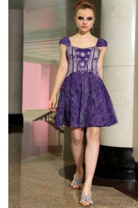 Stylish Purple Empire Lace Square Sleeveless Beading Mini Length Zipper Prom Dresses