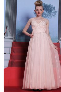 Captivating Scoop Floor Length Side Zipper Prom Dress Baby Pink for Prom and Party with Lace