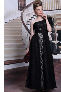 Sumptuous One Shoulder Sequins Black Sleeveless Lace Side Zipper Prom Gown for Prom and Party