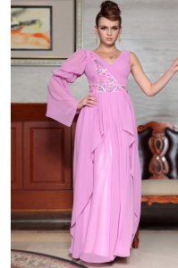 Lilac Side Zipper Prom Dresses Beading and Ruching and Pattern Long Sleeves Ankle Length