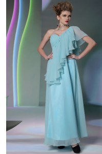 Noble One Shoulder Light Blue Chiffon Side Zipper Prom Evening Gown Cap Sleeves Ankle Length Ruffles