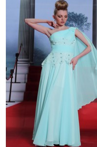 Amazing Turquoise Chiffon Side Zipper One Shoulder Sleeveless Floor Length Celebrity Dress Lace and Ruching