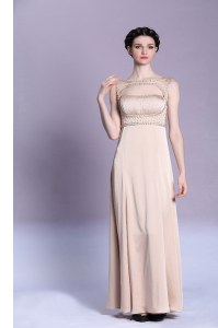 Suitable Sleeveless Satin Floor Length Backless Prom Gown in Peach with Beading and Ruching