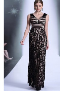 Floor Length Black Prom Evening Gown Chiffon and Lace Sleeveless Lace and Belt