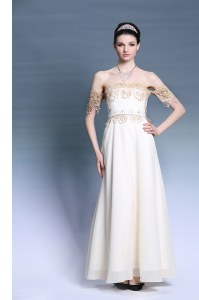 New Arrival Off The Shoulder Short Sleeves Homecoming Dress Online Floor Length Appliques White Satin