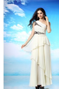 Ruffled Ankle Length White Dress for Prom One Shoulder Sleeveless Side Zipper