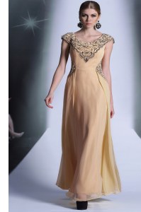 Chiffon Scoop Cap Sleeves Side Zipper Beading and Appliques Prom Party Dress in Peach