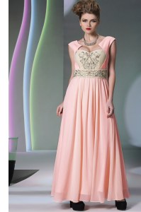Beauteous Pink Cap Sleeves Chiffon Side Zipper Evening Dress for Prom and Party