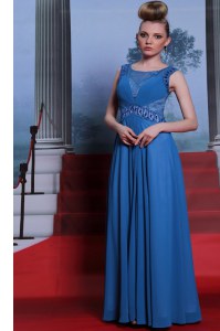 Ideal Scoop Blue Side Zipper Prom Evening Gown Beading and Ruching Sleeveless Floor Length