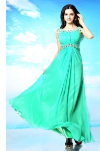 Artistic Scoop Turquoise Backless Hoco Dress Beading Sleeveless Floor Length