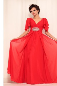Red Short Sleeves Beading Floor Length Prom Party Dress