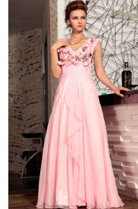 Discount Appliques Prom Party Dress Baby Pink Zipper Sleeveless Floor Length