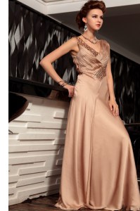 Brown V-neck Backless Beading and Ruching Evening Outfits Sleeveless
