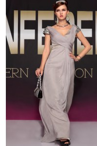 Cheap Short Sleeves Chiffon Sweep Train Backless Evening Dress in Grey with Beading and Ruching
