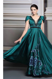 Top Selling Floor Length Empire Short Sleeves Dark Green Prom Evening Gown Zipper