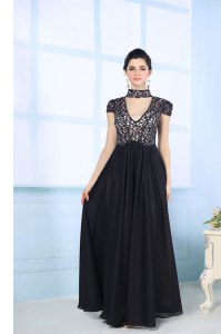 Traditional Black Chiffon Zipper High-neck Short Sleeves Floor Length Beading and Lace