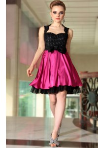 Inexpensive Pink And Black Satin Side Zipper Cocktail Dresses Sleeveless Knee Length Beading