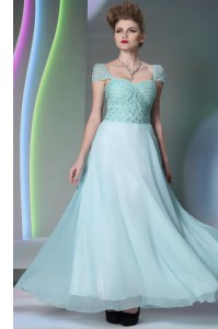 Floor Length Light Blue Dress for Prom Sweetheart Cap Sleeves Side Zipper
