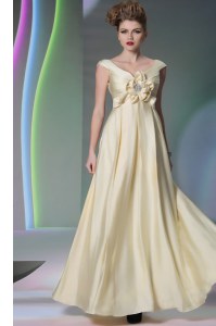 Scoop Light Yellow Cap Sleeves Beading and Ruching and Hand Made Flower Floor Length Dress for Prom